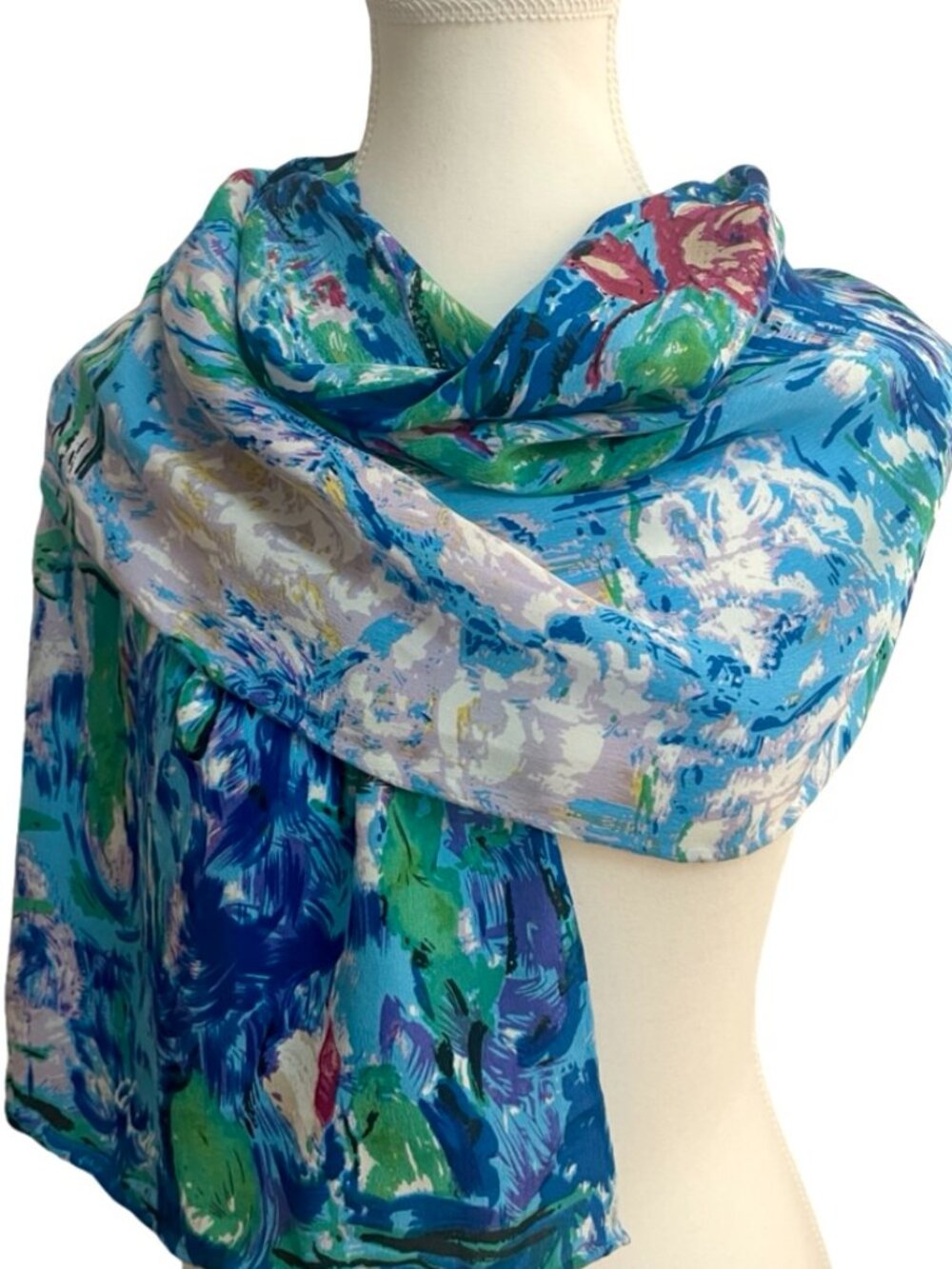 Claude Monet Water Lilies 100% Silk Scarf 16 x 59 Hand Rolled